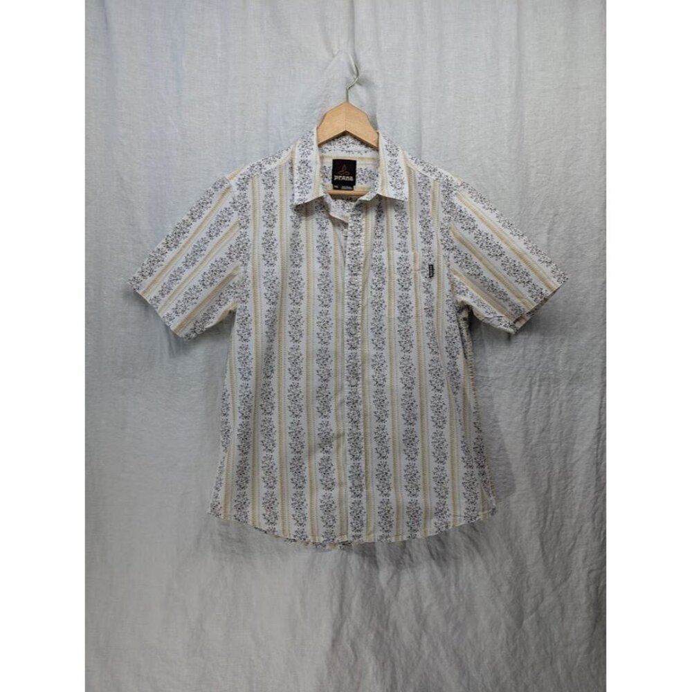 Prana men's small short sleeve brown floral on white button up shirt K9